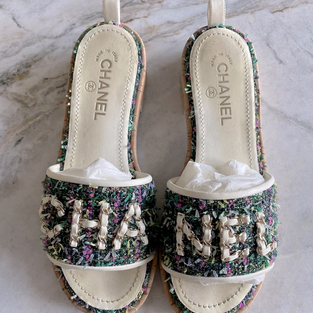 Chanel white leather with green, pink and yellow tweed mule sandals. Size 38.5